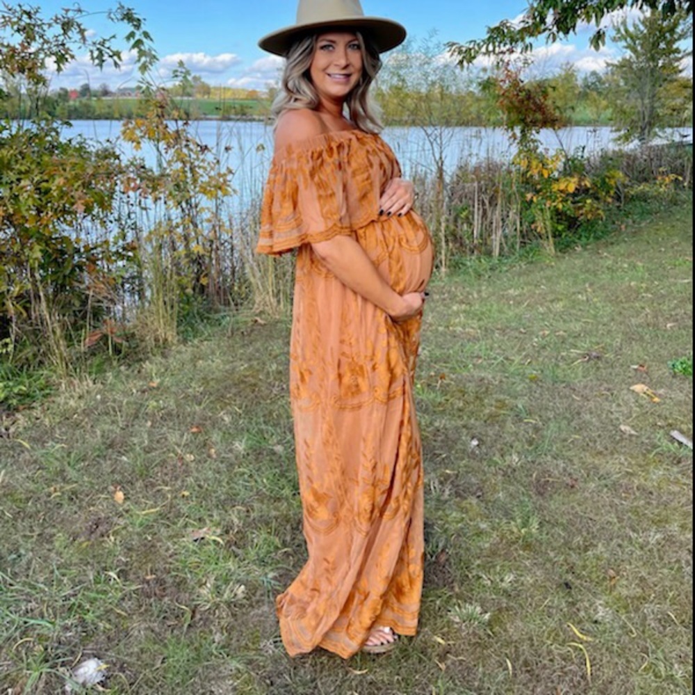 Maternity Dress - Camel Lace Overlay Off-Shoulder